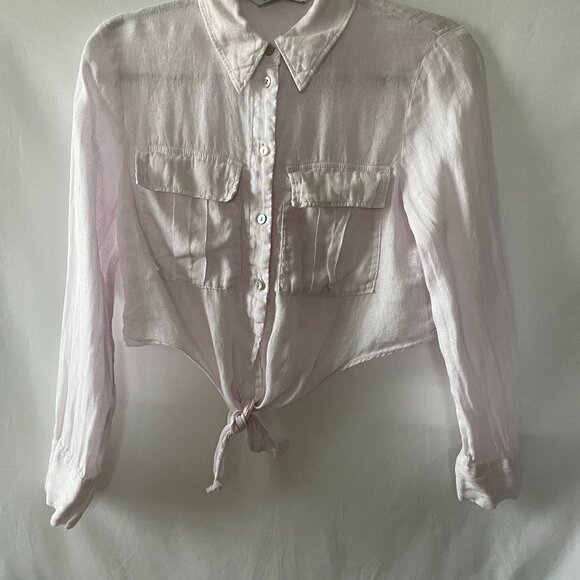 ZARA Women's Shell Pink Double Pockets Linen Tie Front Cropped Blouse Top Size 8 - Picture 1 of 8